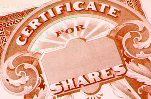 A paper certificate for shares of publicly traded stock.